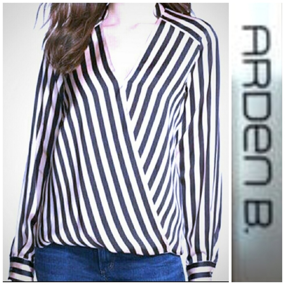 Arden B Black and White faux wrap blouse
